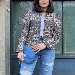 Zara Jacquard Jacket Cardigan Wool / Cotton Blend in Multicolor Large